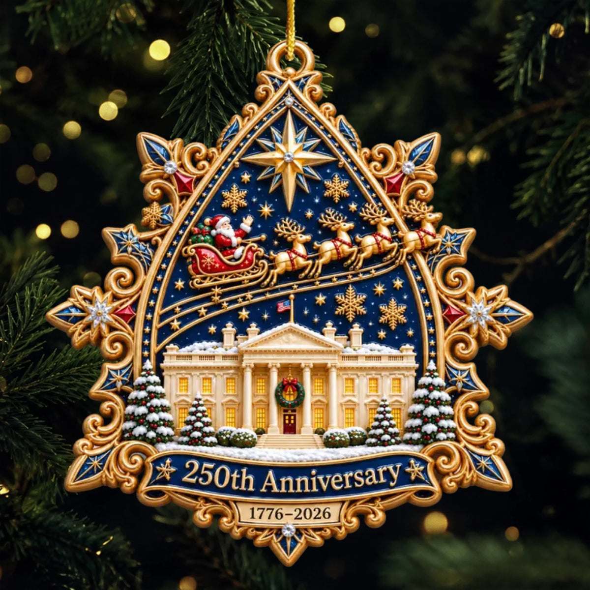 250th Anniversary Santa Flying Over - Realistic 3D Ornament