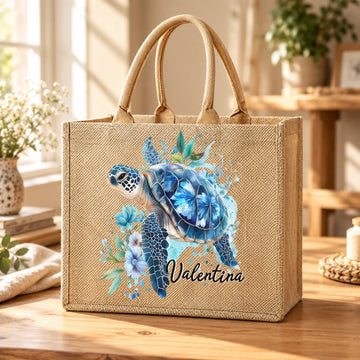 Personalised Floral Sea Turtle Jute Tote Bag with Name