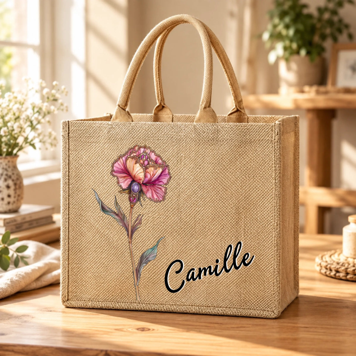 Personalised Retro Oil Painting Birth Flower with Birthstone