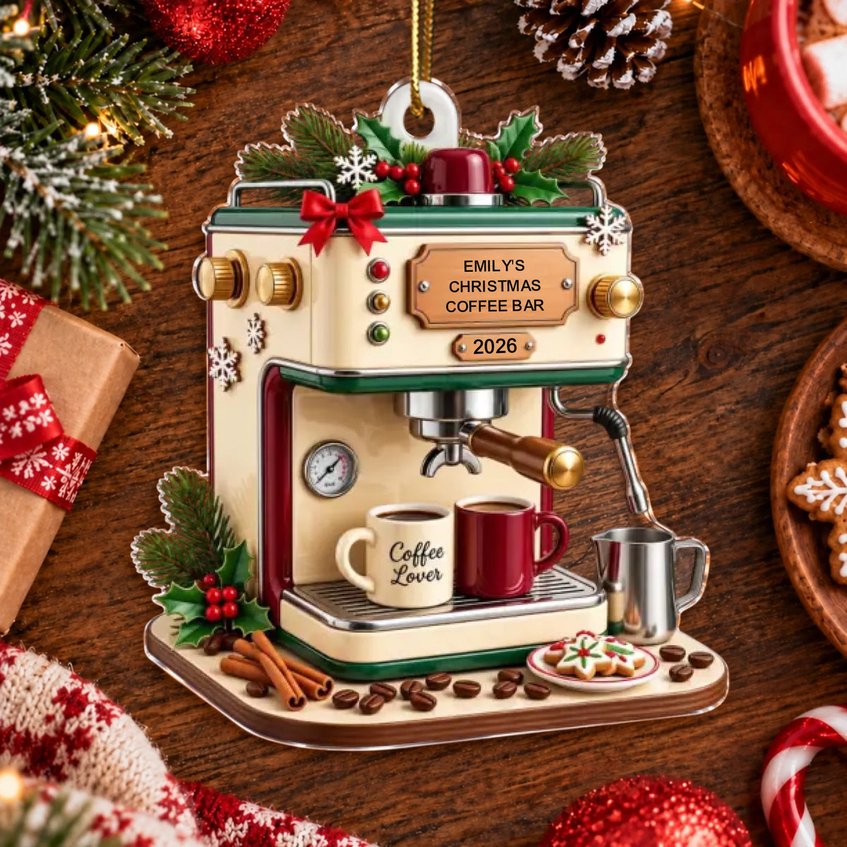 Coffee Maker Christmas- Personalized Acrylic Ornament, Custom Espresso Machine Xmas Decor 2026, Gift for Coffee Lover Barista, Coffee Bar Ornament