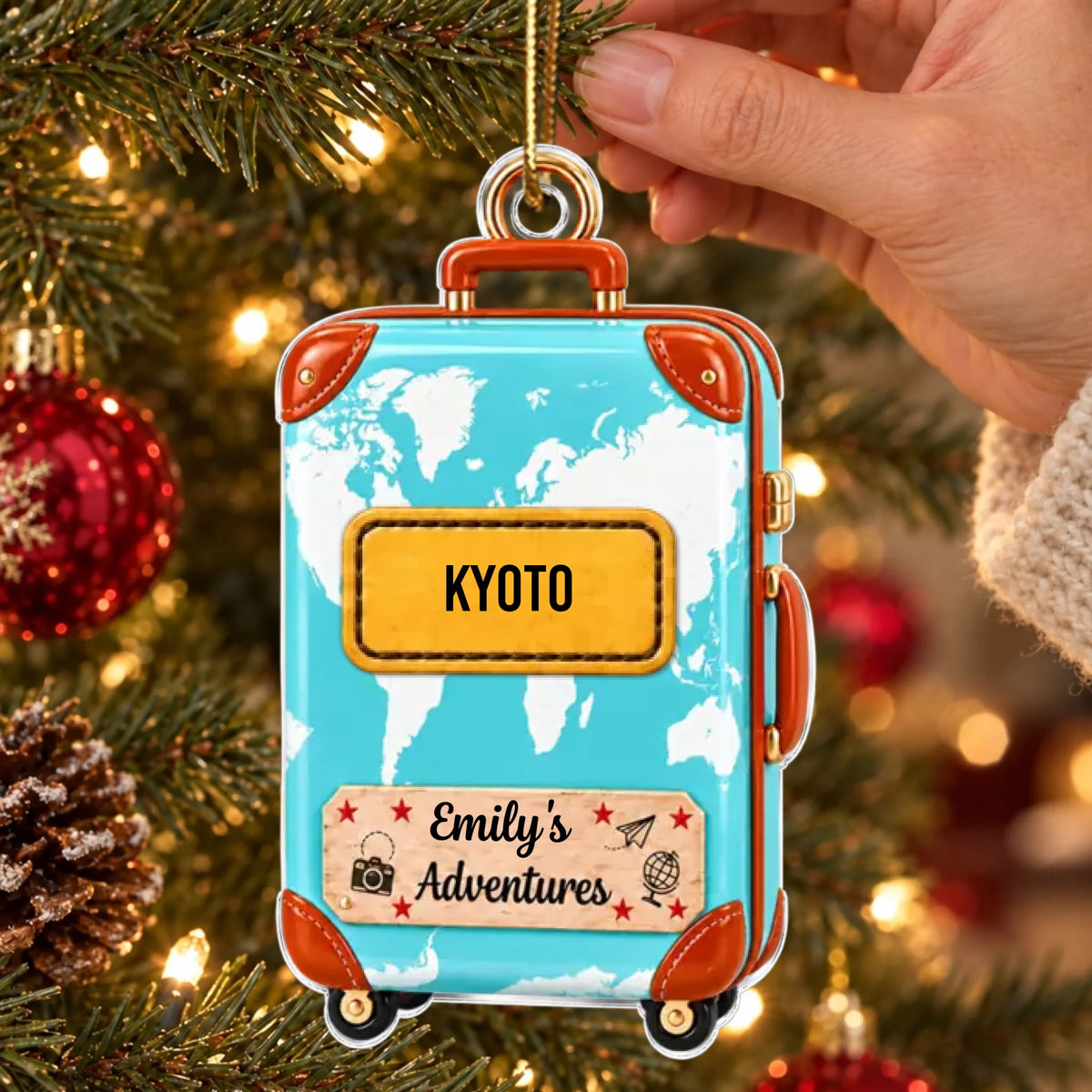 Suitcase Travel World Map - Personalized Acrylic Ornament - Christmas Keepsake Ornament