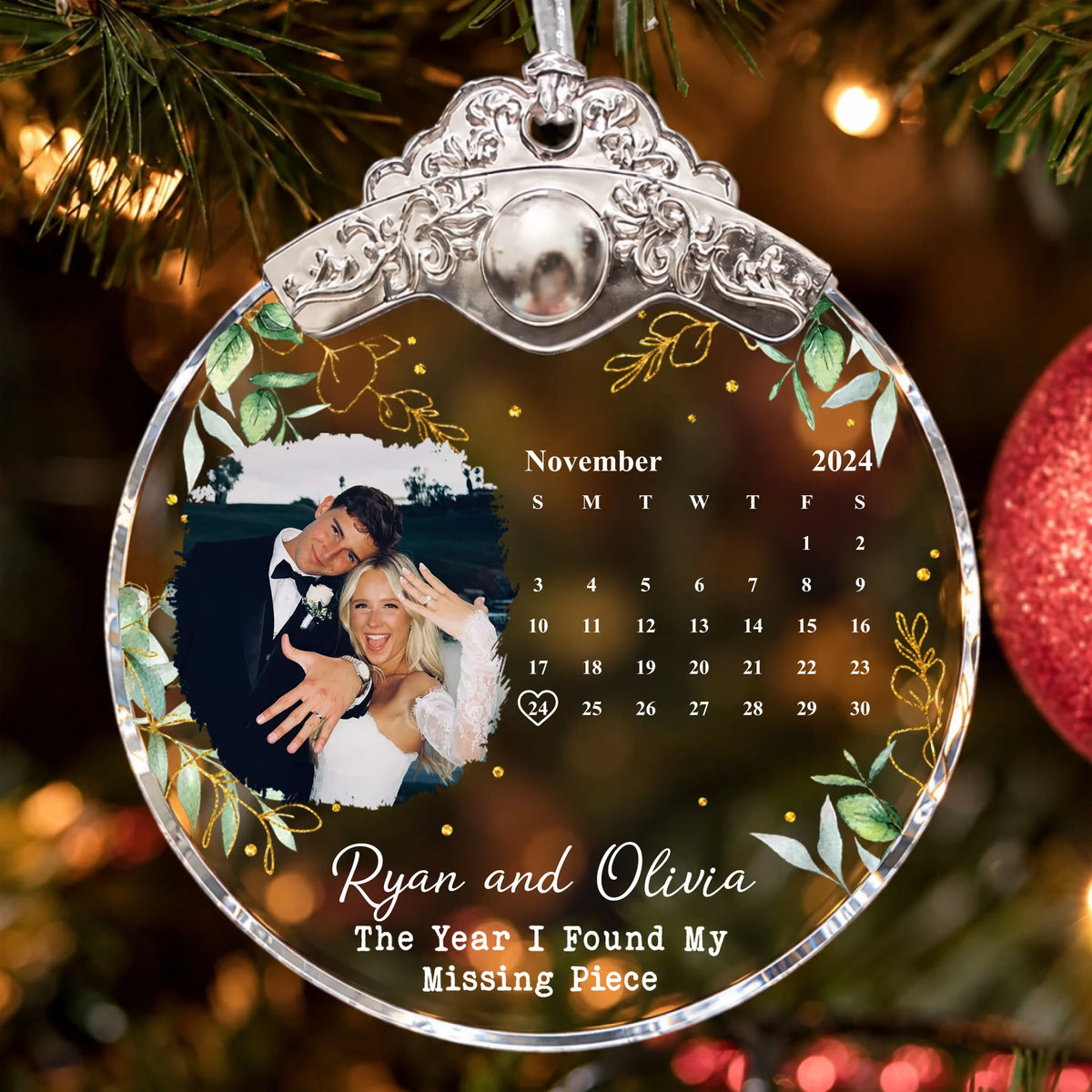 Custom Photo Calendar Married Engaged Wedding Gift - Personalized Glass Ornament With Silver Cap