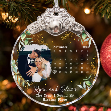 Custom Photo Calendar Married Engaged Wedding Gift - Personalized Glass Ornament With Silver Cap