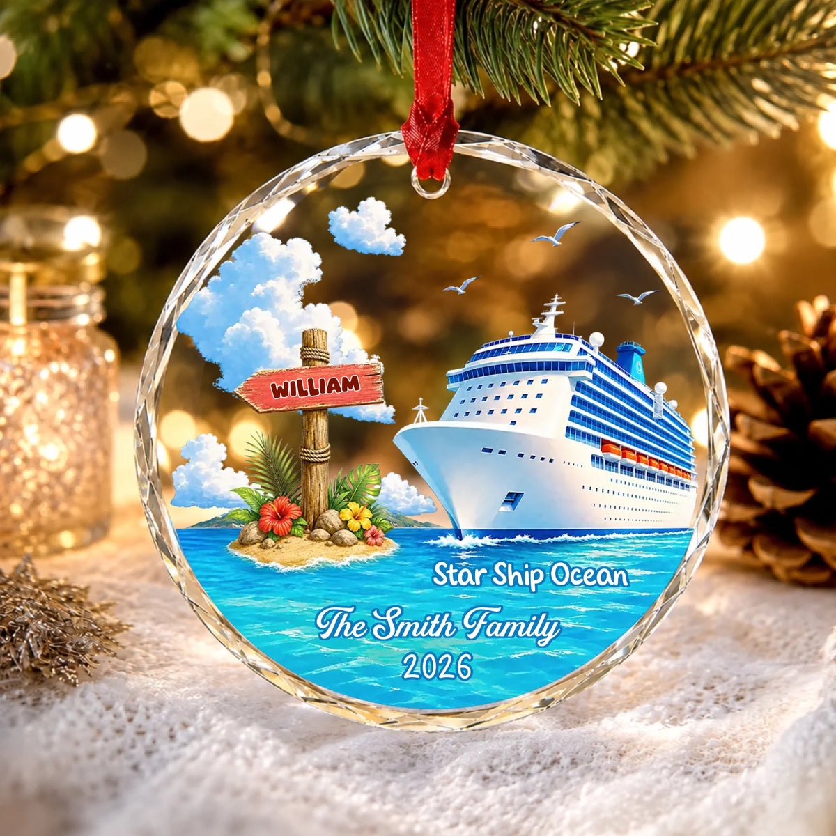 Voice of the Sea Family Cruise Christmas Glass Ornament - Personalizd Travel Gifts