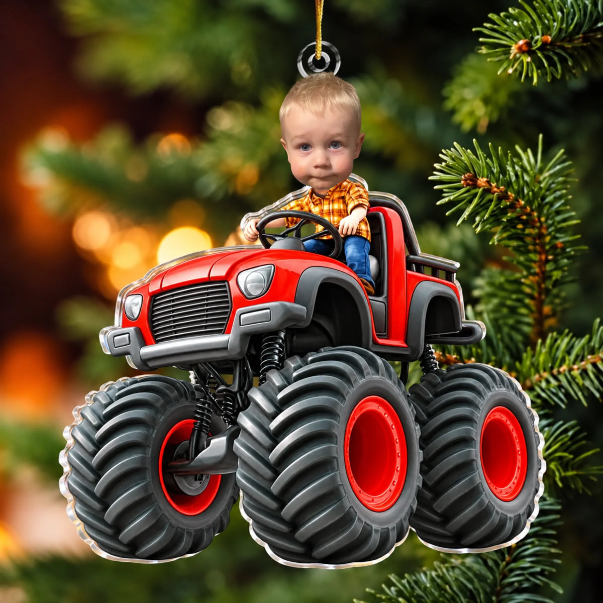 Custom Face Kid Riding Monster Truck - Gifts For Toddler, Kids - Personalized Acrylic Photo Ornament