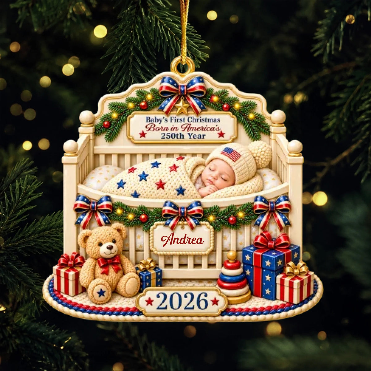 Custom First Christmas 3D Ornament - Personalized America 250th Anniversary Christmas Gifts For New Moms, New Dads, New Parents - Wrapped In Love And Freedom
