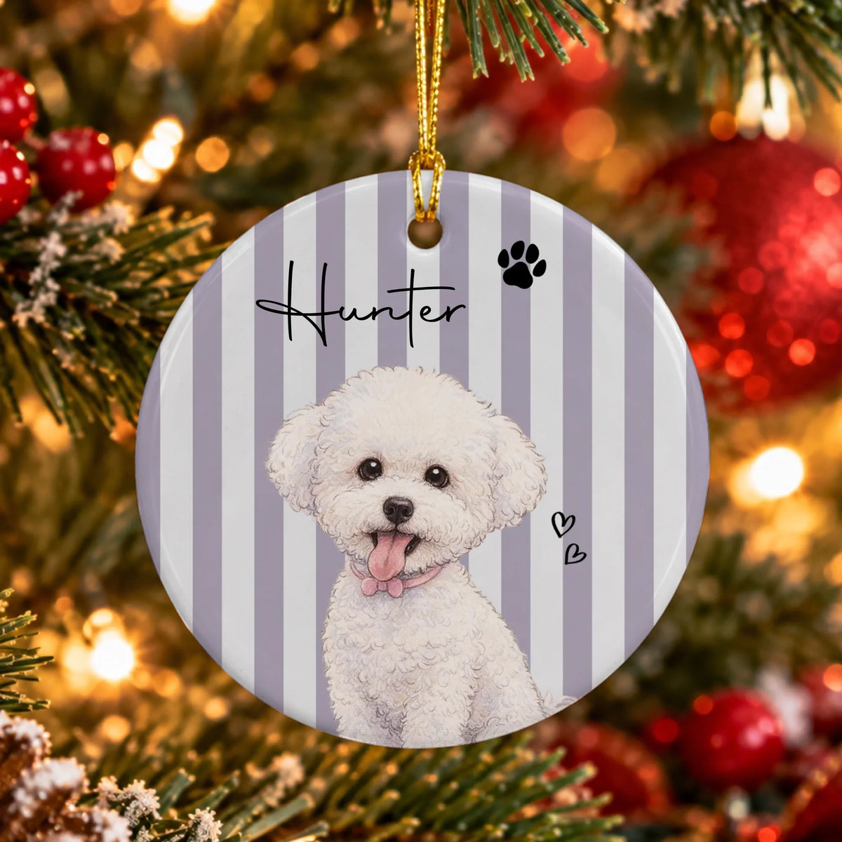 Personalized Watercolor Pet Portrait Striped Ornament - Christmas Gifts For Dog Cat Lovers
