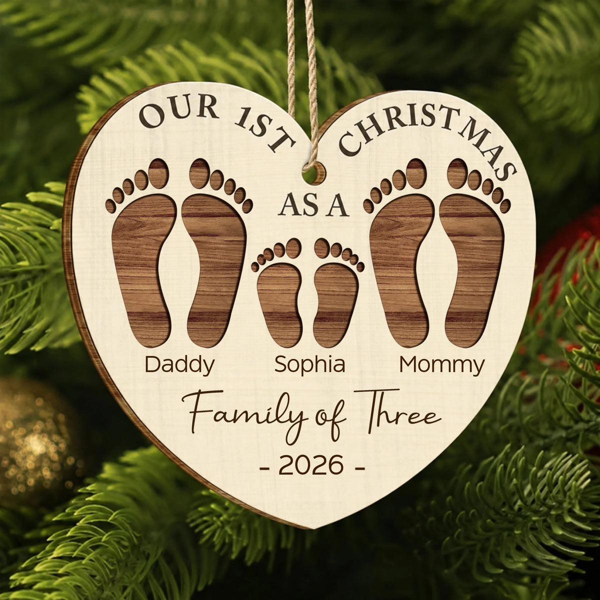 First Christmas As A Family Of Four Footprints - Personalized Custom Shaped Wooden Ornament