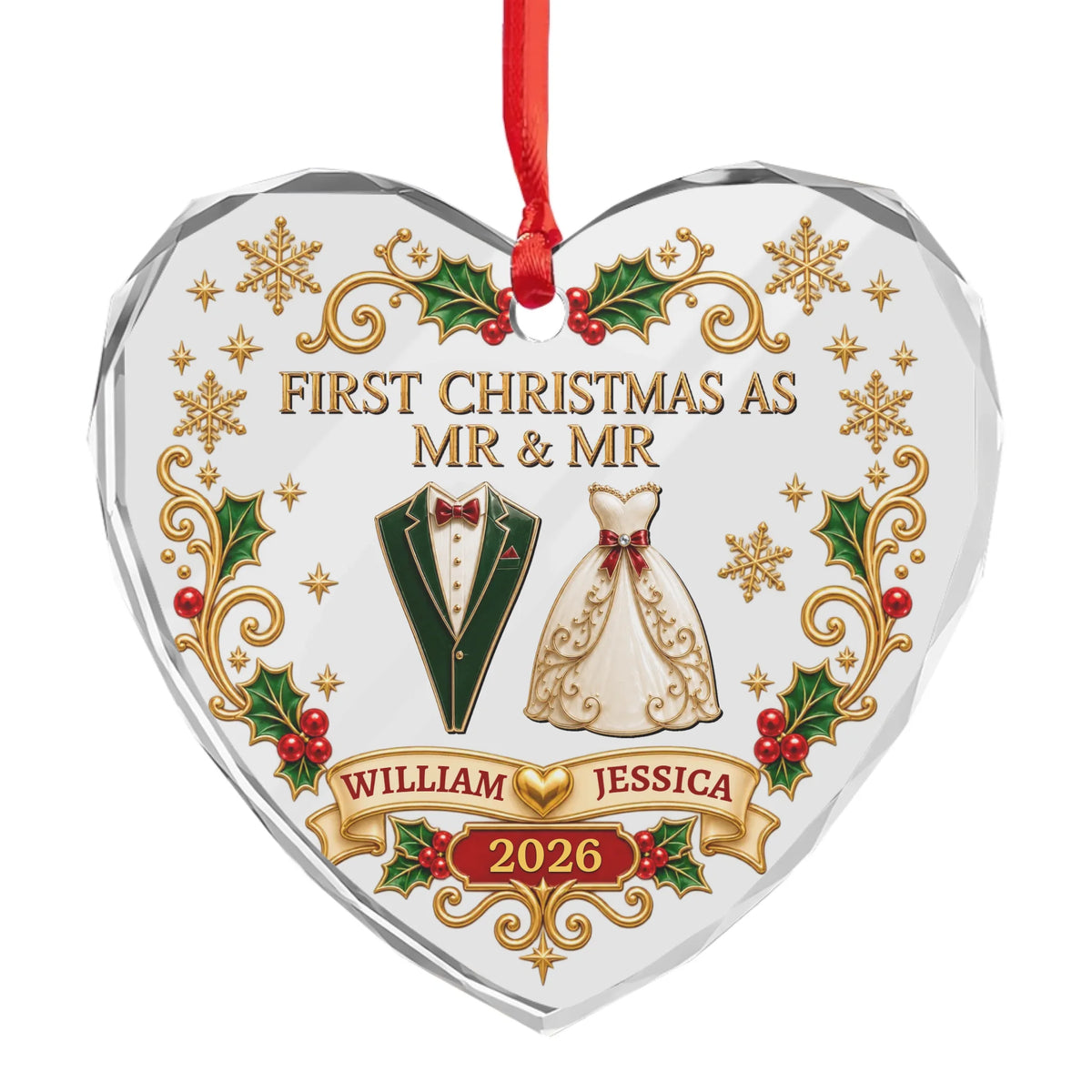 First Christmas As Mr. & Mrs. Vintage - Personalized Heart Shaped Glass Ornament